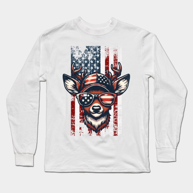 American Flag with Deer Wearing Sunglass Long Sleeve T-Shirt by Odetee